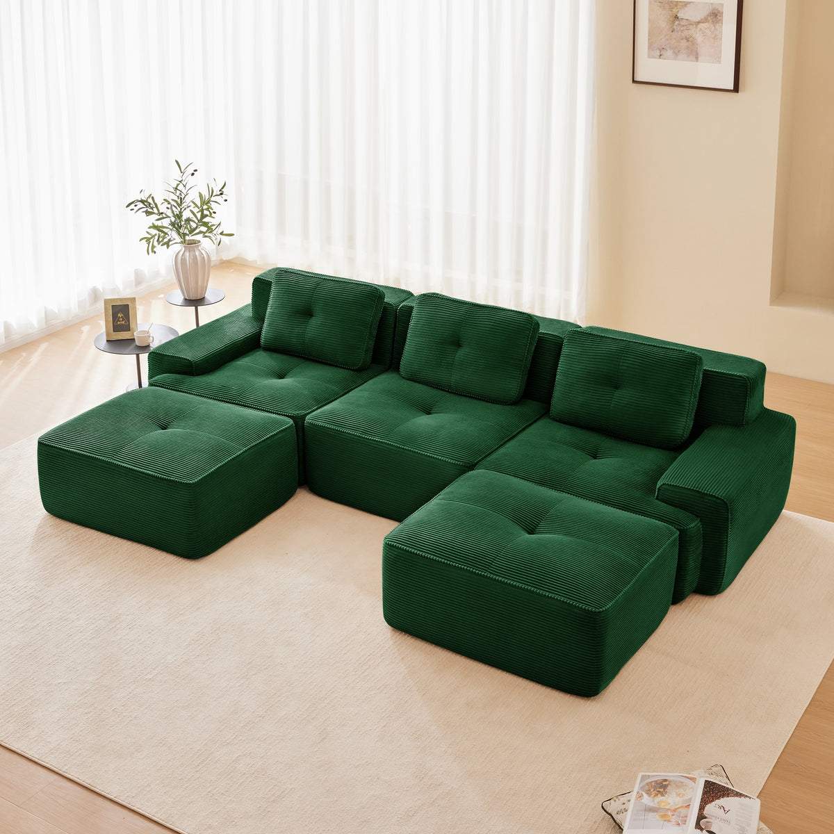 117" Modern U-Shaped Modular Sectional Sofa for Living Room, Corduroy Fabric, 3-Seater Couch with Deep Seat and Movable Ottoman,Pearl-like piping, Tufted Design,No Assembly, Anti-slip Design,Green