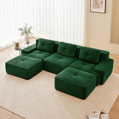 117" Modern U-Shaped Modular Sectional Sofa for Living Room, Corduroy Fabric, 3-Seater Couch with Deep Seat and Movable Ottoman,Pearl-like piping, Tufted Design,No Assembly, Anti-slip Design,Green