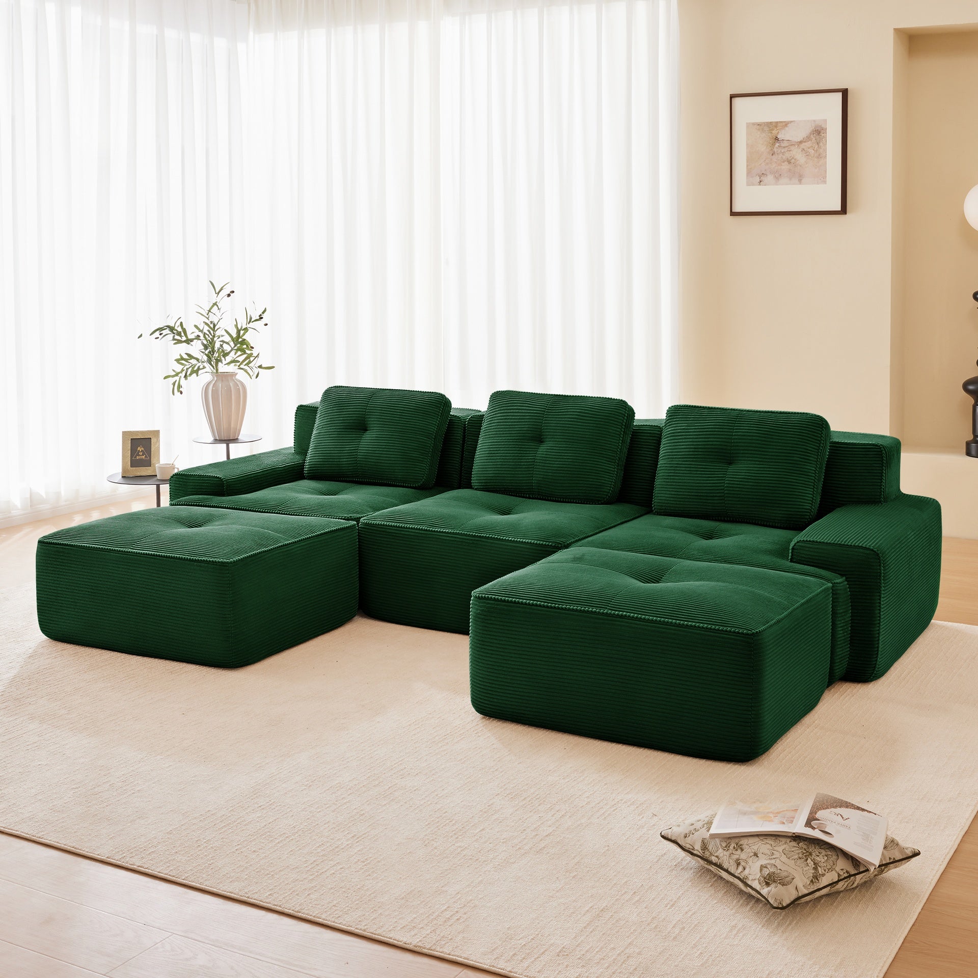 117" Modern U-Shaped Modular Sectional Sofa for Living Room, Corduroy Fabric, 3-Seater Couch with Deep Seat and Movable Ottoman,Pearl-like piping, Tufted Design,No Assembly, Anti-slip Design,Green