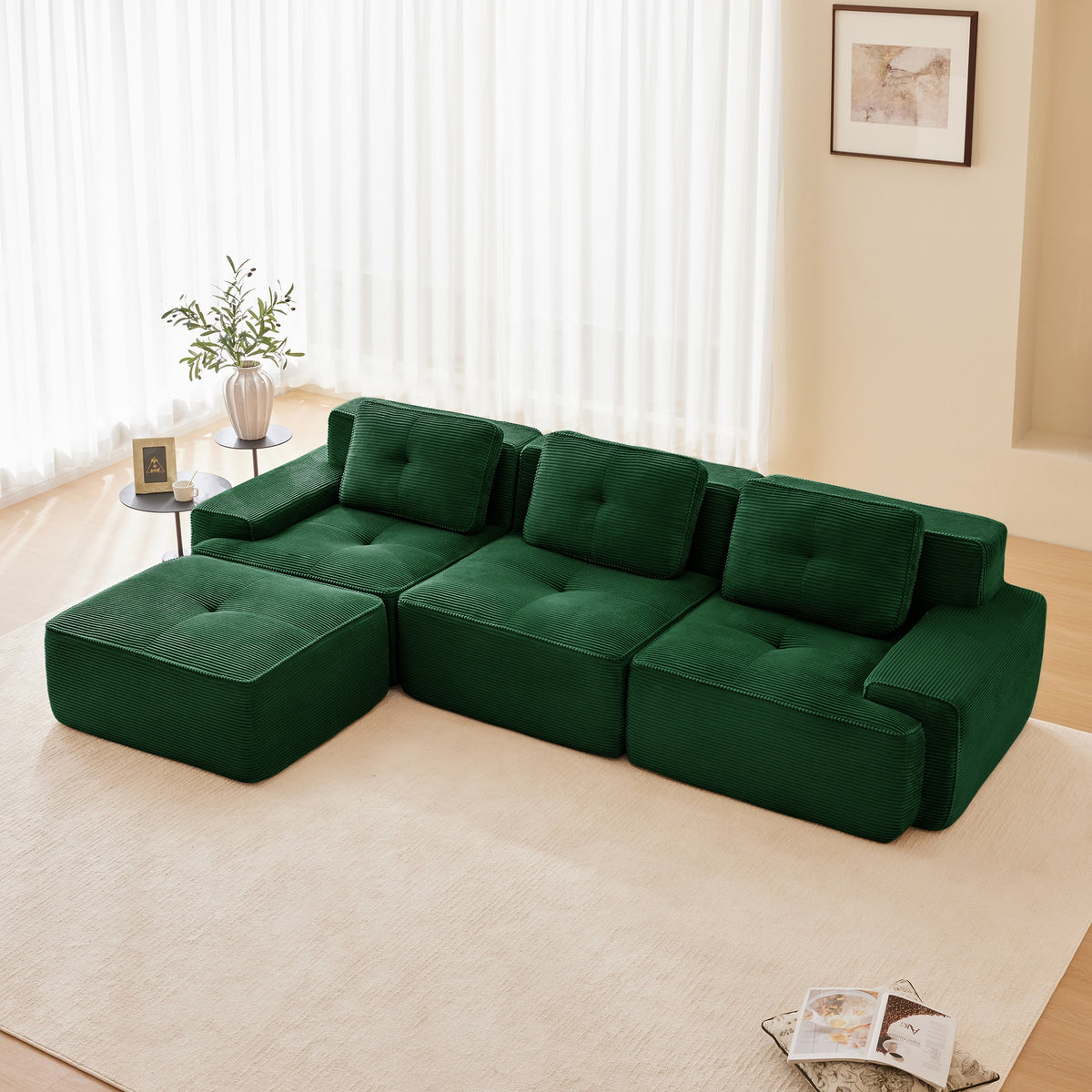 117" Modern L-Shaped Modular Sectional Sofa for Living Room, Corduroy Fabric,3-Seater Couch with Deep Seat and Movable Ottoman,Pearl-like piping, Tufted Design,No Assembly, Anti-slip Design, Green