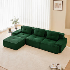 117" Modern L-Shaped Modular Sectional Sofa for Living Room, Corduroy Fabric,3-Seater Couch with Deep Seat and Movable Ottoman,Pearl-like piping, Tufted Design,No Assembly, Anti-slip Design, Green