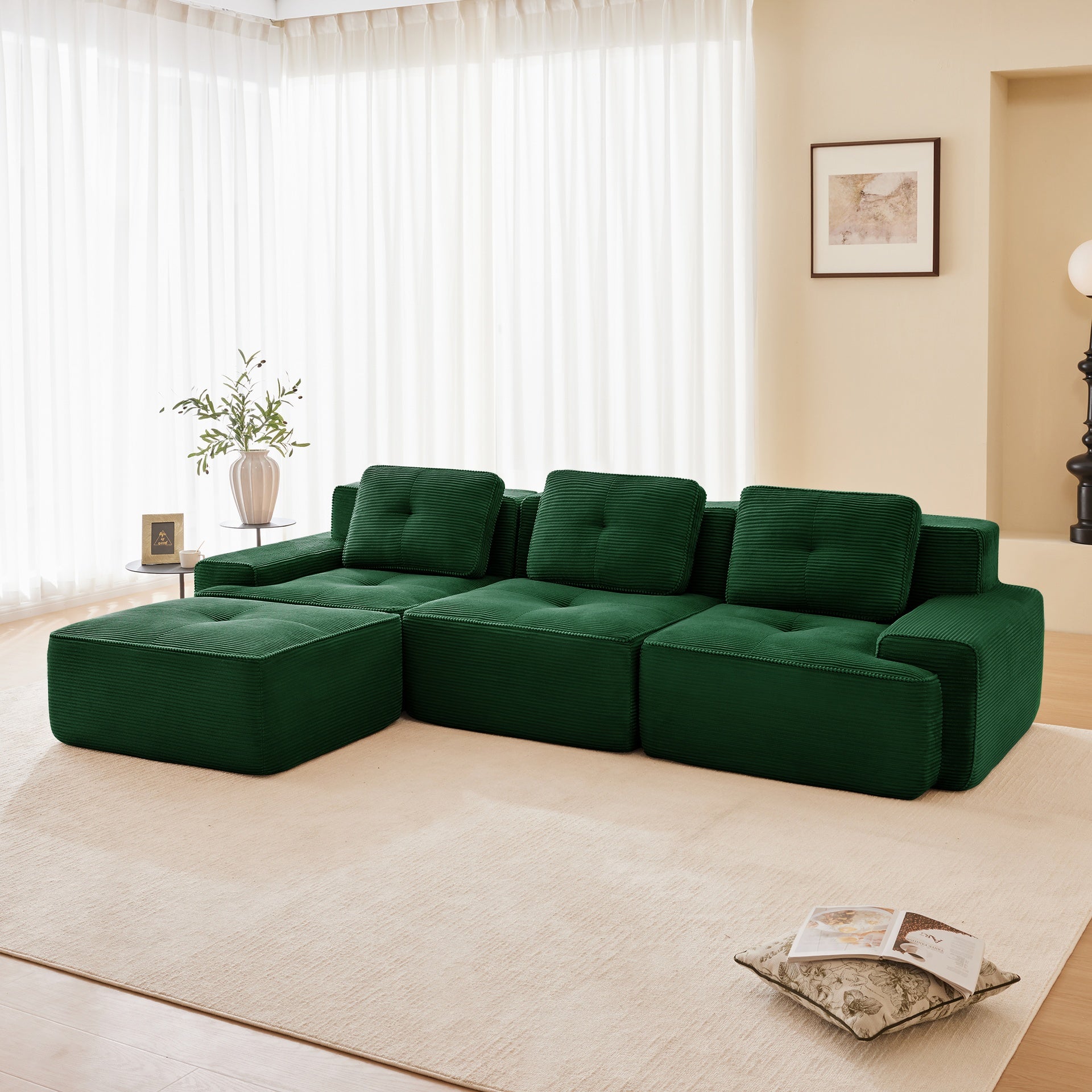 117" Modern L-Shaped Modular Sectional Sofa for Living Room, Corduroy Fabric,3-Seater Couch with Deep Seat and Movable Ottoman,Pearl-like piping, Tufted Design,No Assembly, Anti-slip Design, Green
