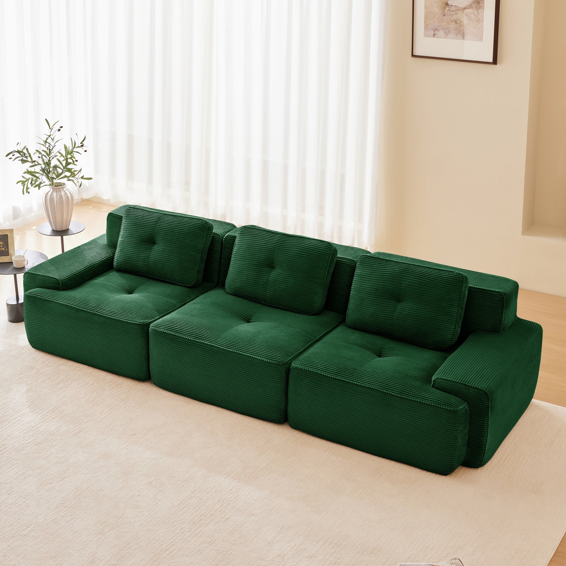 117" Modern Modular Sectional Sofa for Living Room, Corduroy Fabric,Oversized 3-Seater Couch with Deep Seat, Pearl-like piping, Tufted Design,Buckle connection,No Assembly,Anti-slip Design,Green