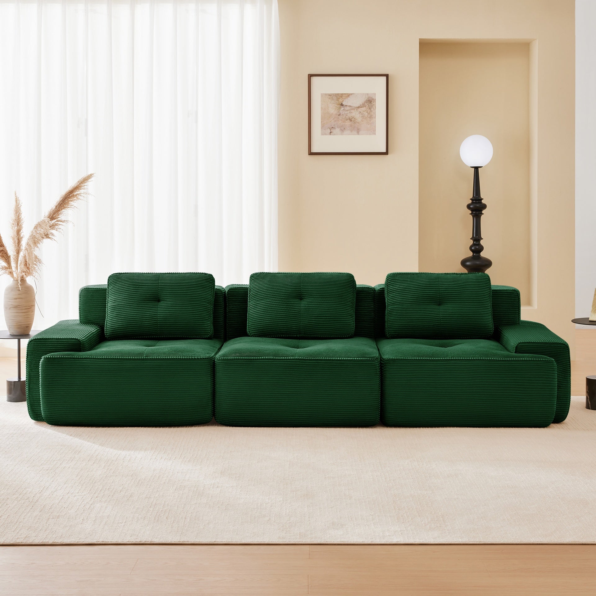 117" Modern Modular Sectional Sofa for Living Room, Corduroy Fabric,Oversized 3-Seater Couch with Deep Seat, Pearl-like piping, Tufted Design,Buckle connection,No Assembly,Anti-slip Design,Green