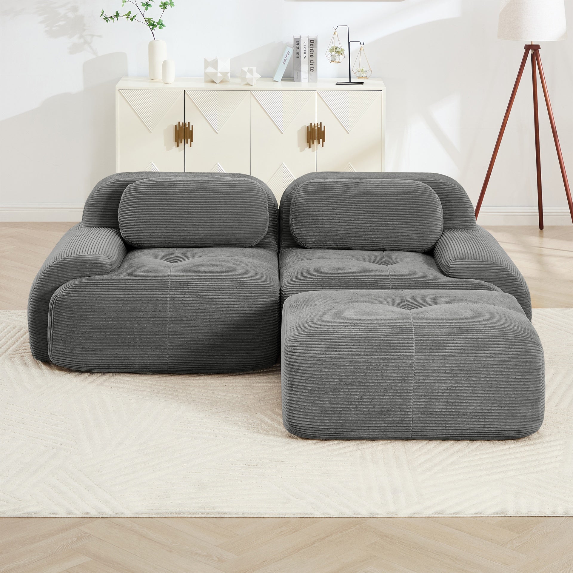 82'' L-shaped sofa in softCorduroy Fabric fabric modular design multiple combinations curved armrests no assembly required high-resilience sponge suitable for living rooms rest areas bedroom,Grey