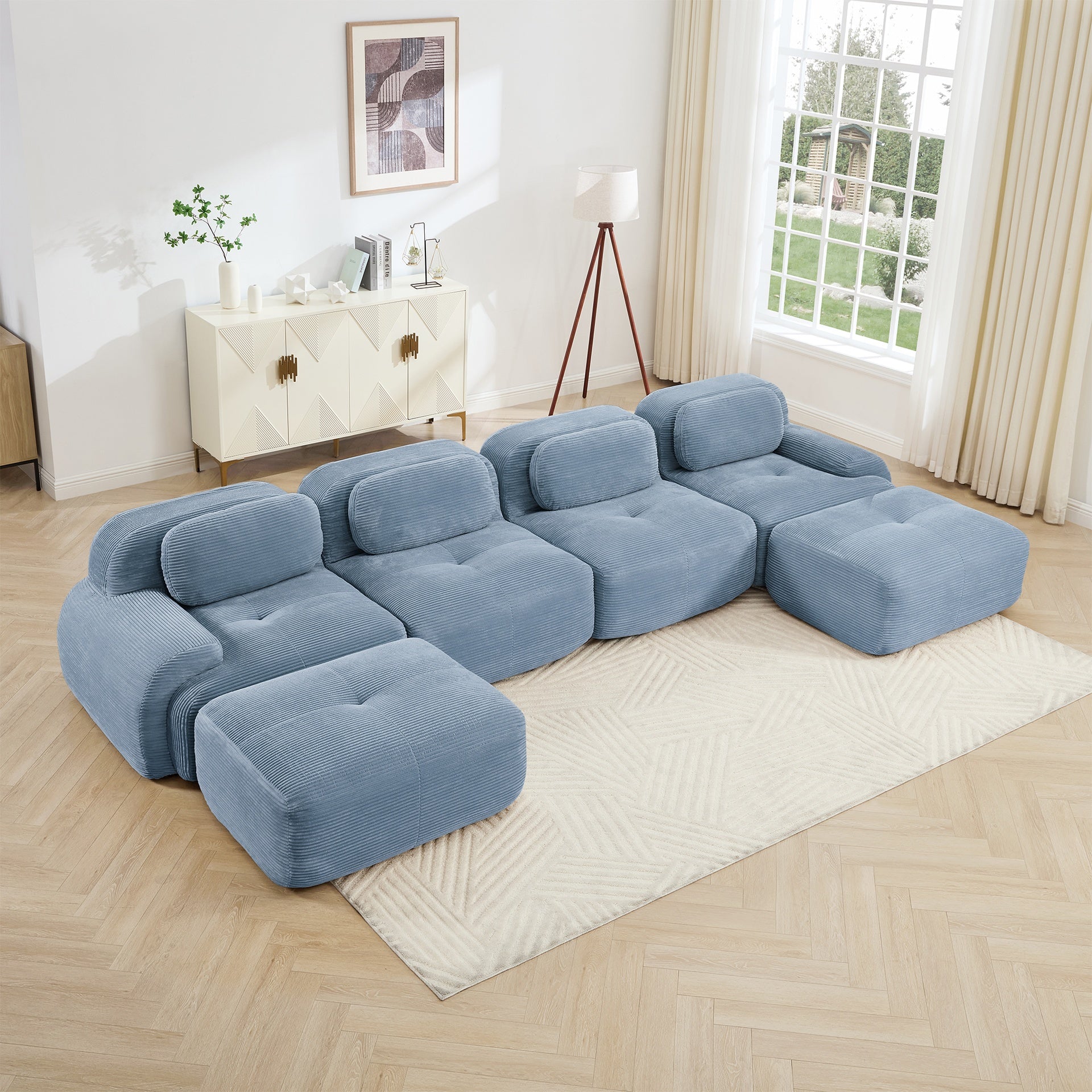 U-shaped modular sofa no assembly breathable corduroy fabric 32D high-resilience sponge extra-wide curved armrests pet-friendly ergonomic design for living rooms bedrooms,Blue