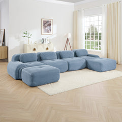 U-shaped modular sofa no assembly breathable corduroy fabric 32D high-resilience sponge extra-wide curved armrests pet-friendly ergonomic design for living rooms bedrooms,Blue