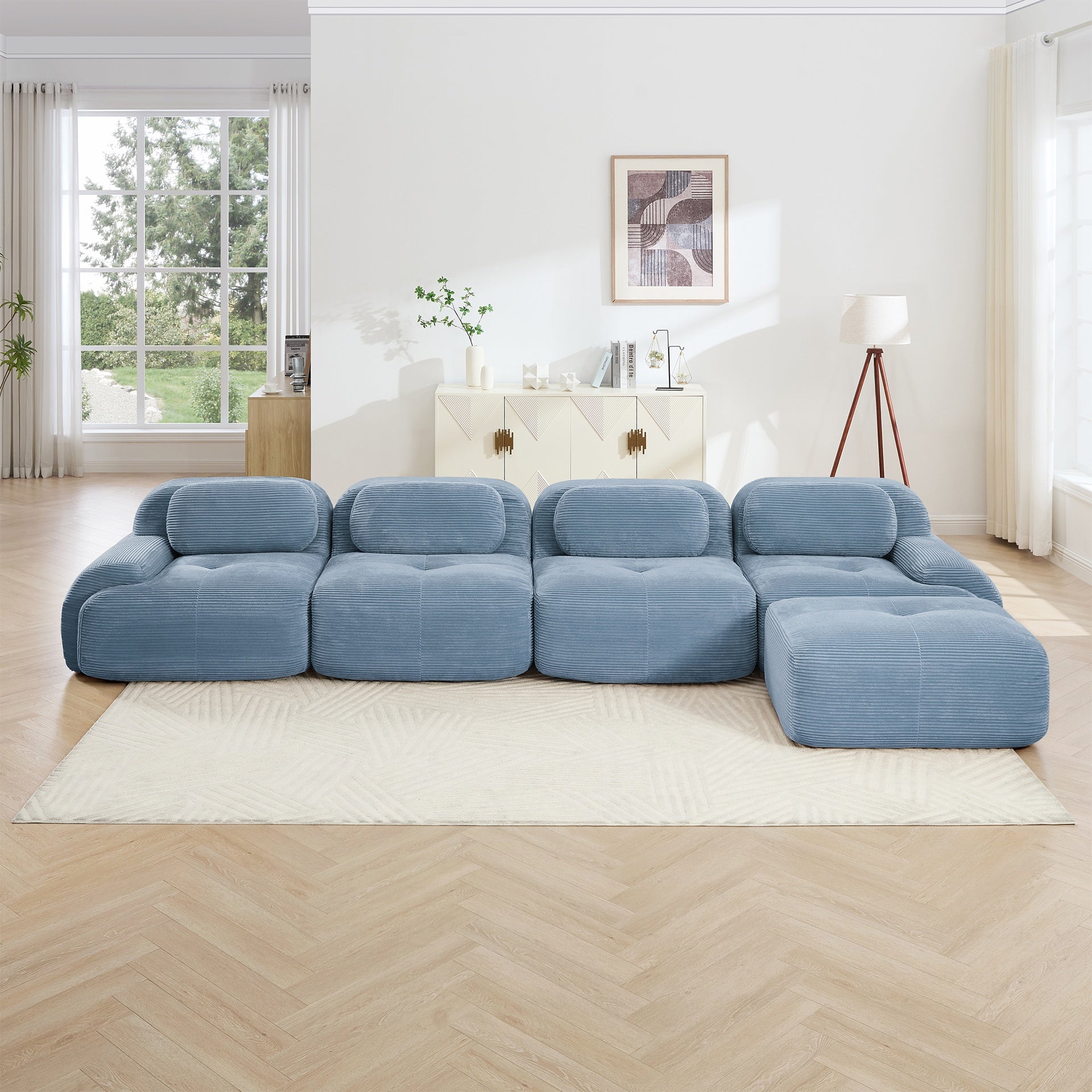4-seat L-shaped sofa 32D high-resilience sponge anti-slip design chaise design extra-wide curved armrests multi-free combination no assembly for studies living rooms media rooms,Blue