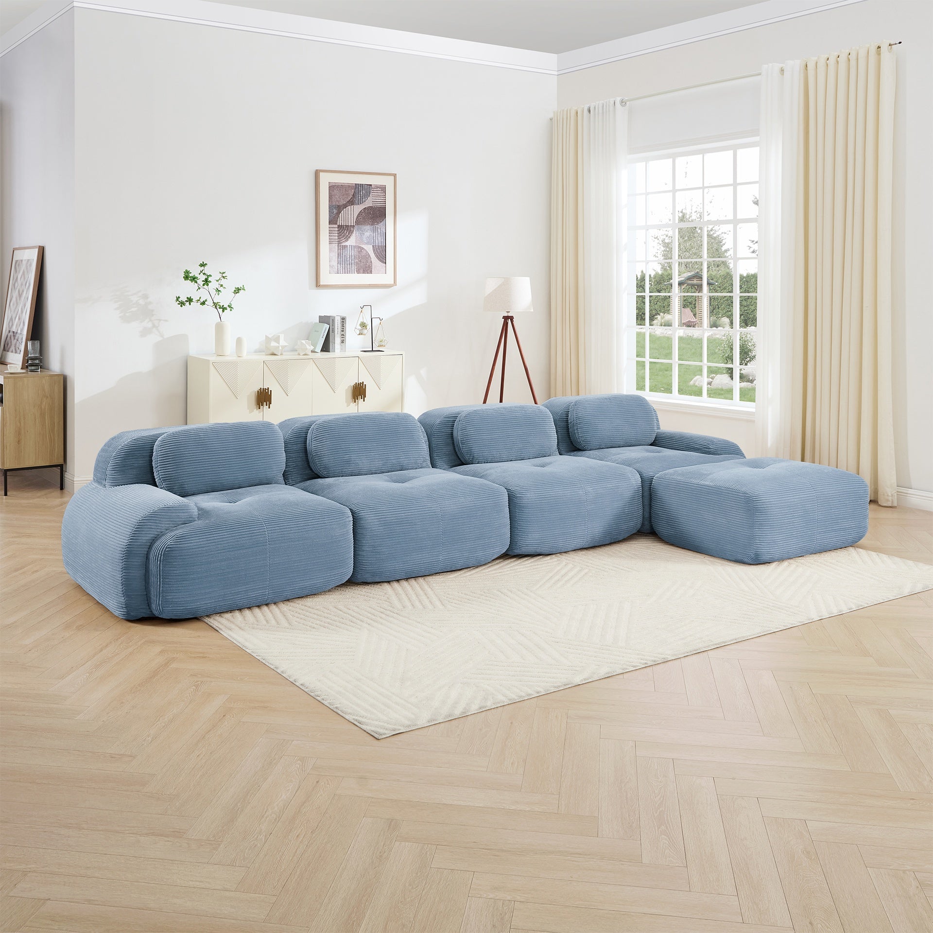 4-seat L-shaped sofa 32D high-resilience sponge anti-slip design chaise design extra-wide curved armrests multi-free combination no assembly for studies living rooms media rooms,Blue