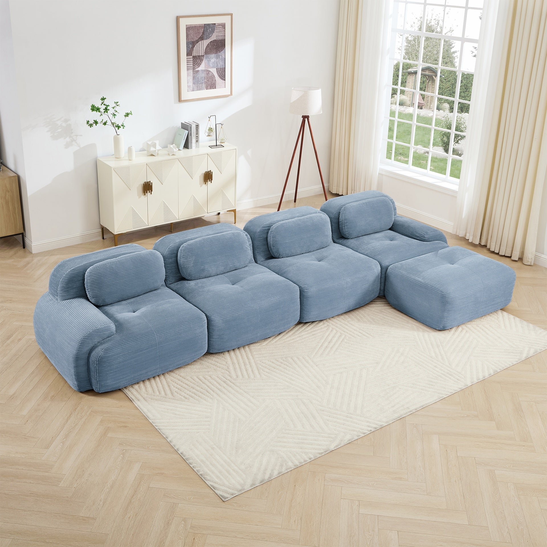 4-seat L-shaped sofa 32D high-resilience sponge anti-slip design chaise design extra-wide curved armrests multi-free combination no assembly for studies living rooms media rooms,Blue