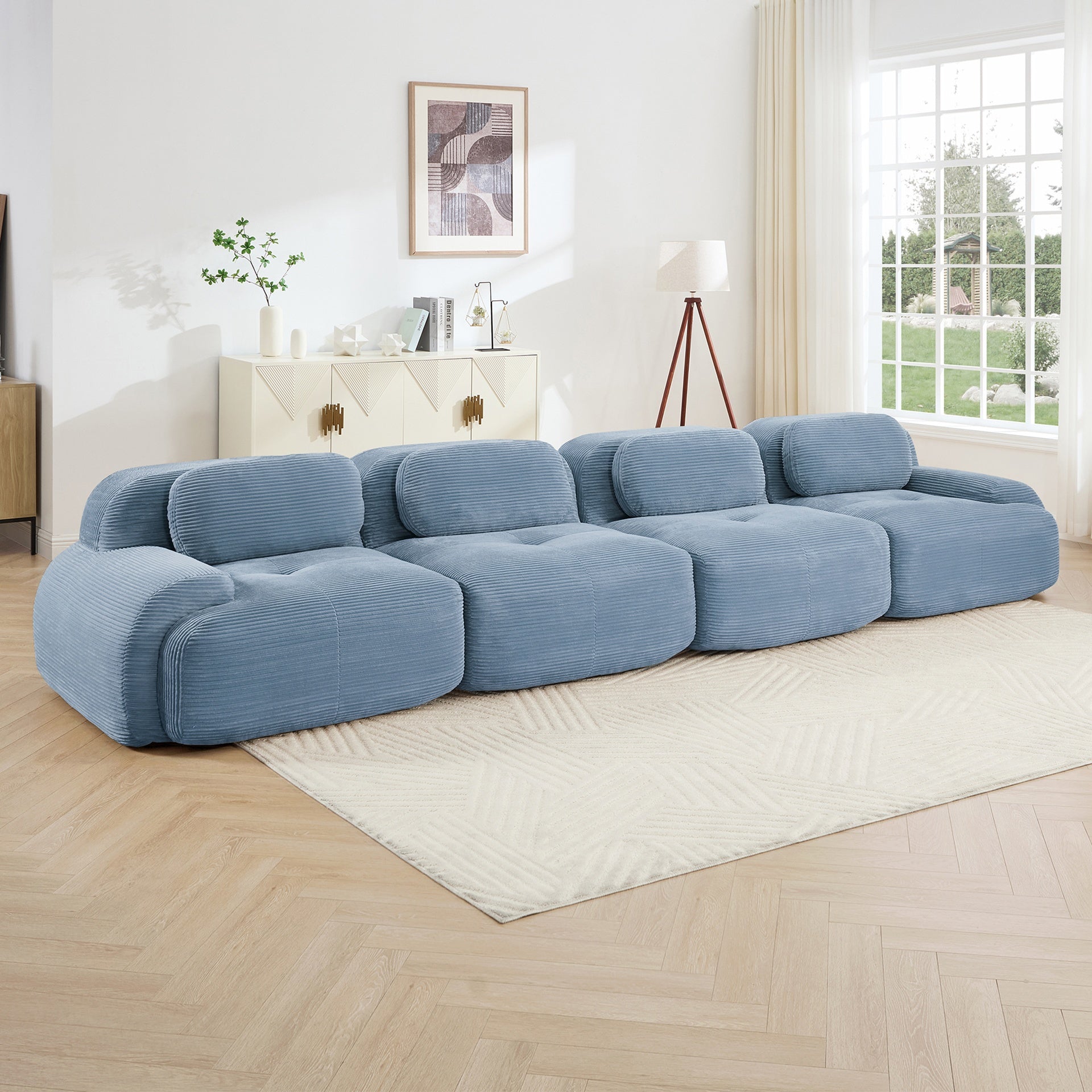 4-seat sofa soft corduroy fabric 32D high-resilience sponge pet-friendly ergonomic design full compression vacuum packaging free combination no assembly for bedrooms studies,Blue