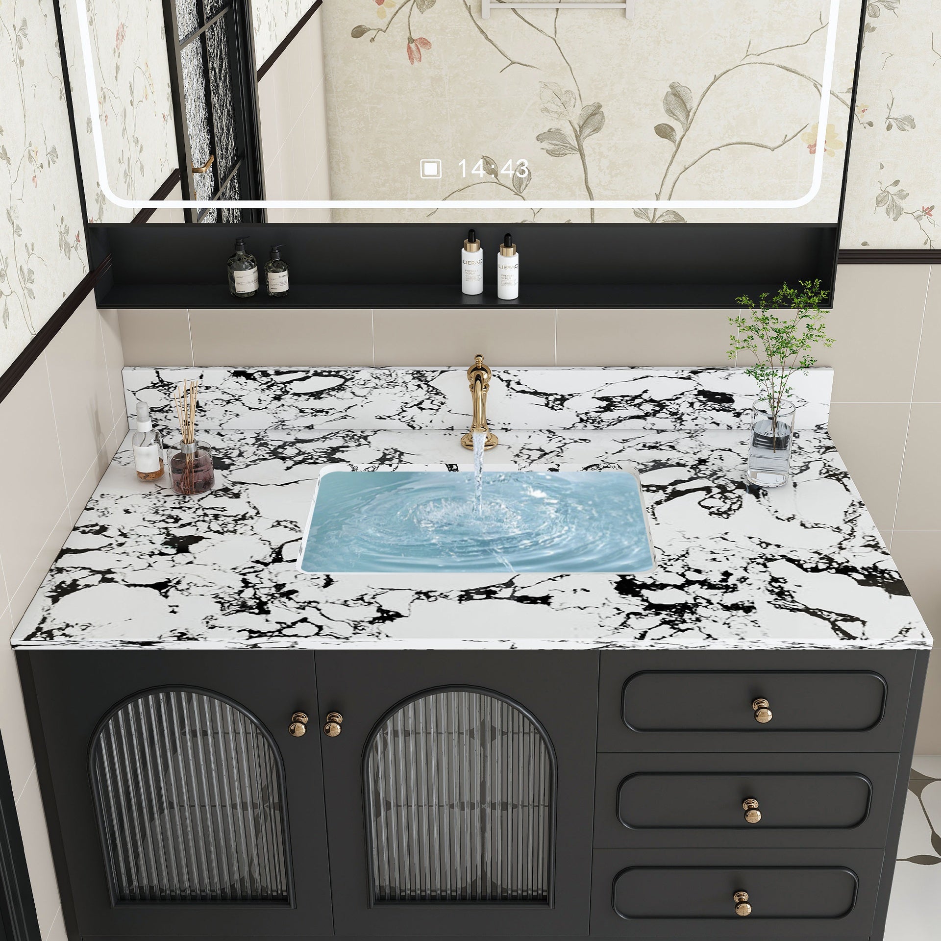 43"x22" Bathroom Vanity Top, with Undermount Ceramic Sink and Backsplash, artificial marble Bathroom Vanity Top with 1 Pre-Drilled Hole, New Carrara white and black( only Bathroom Vanity Top )