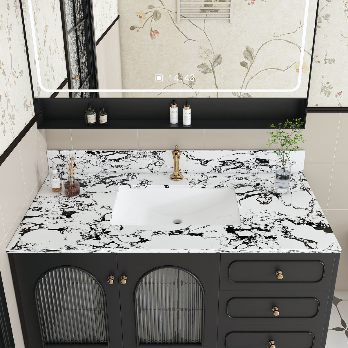 43"x22" Bathroom Vanity Top, with Undermount Ceramic Sink and Backsplash, artificial marble Bathroom Vanity Top with 1 Pre-Drilled Hole, New Carrara white and black( only Bathroom Vanity Top )