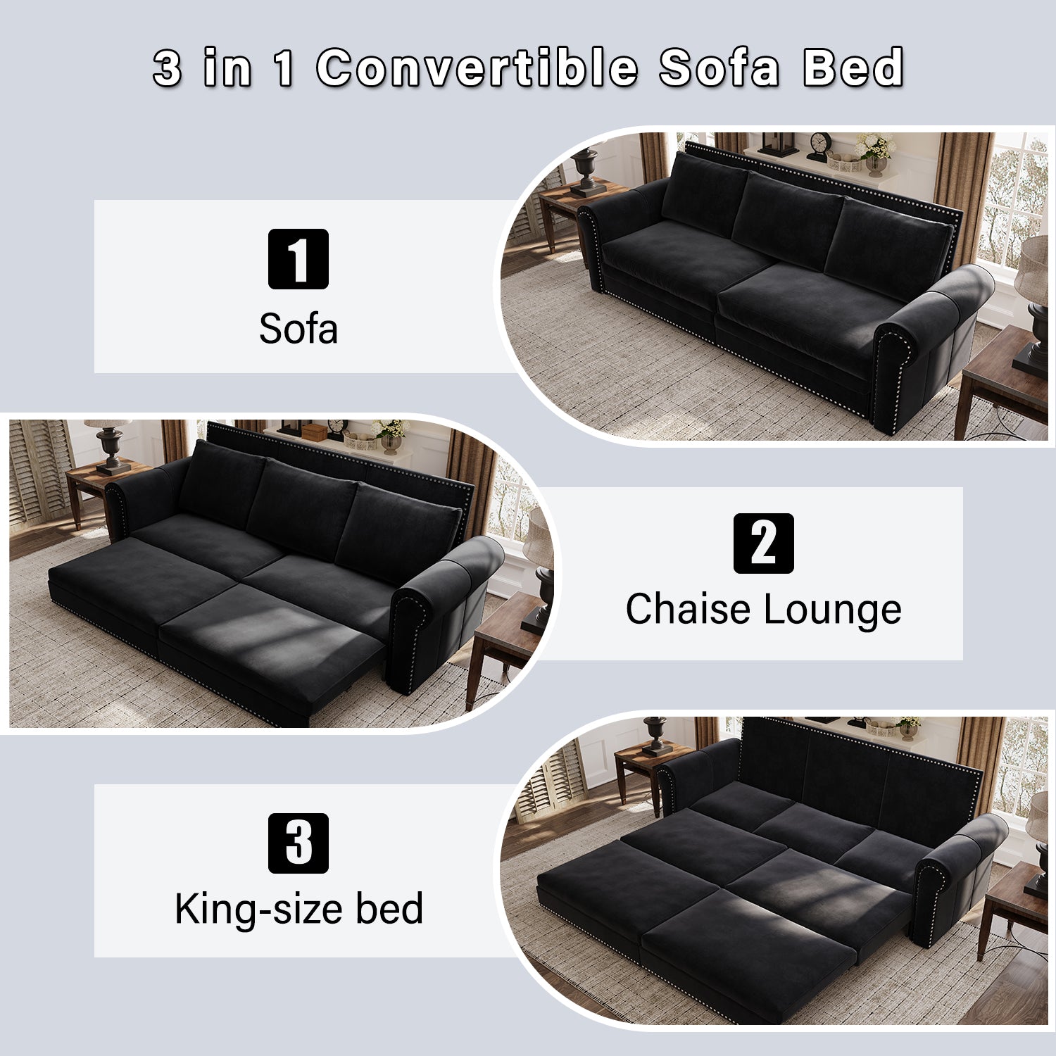 Chesterfield Sofa,93.7" King Pull Out Sofa Bed,3-in-1 Velvet Convertible Sleeper Sofa with Nailhead Trim & Rolled Arm,Multi-Functional Sofa Bed for Black