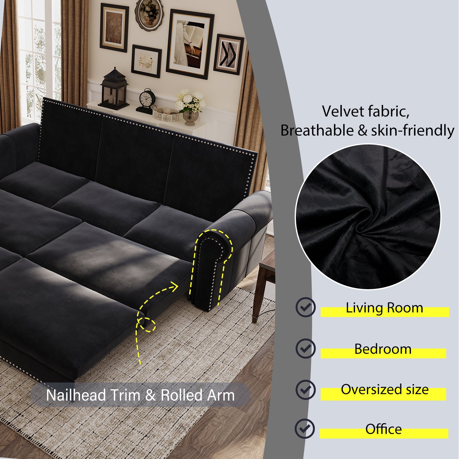 Chesterfield Sofa,93.7" King Pull Out Sofa Bed,3-in-1 Velvet Convertible Sleeper Sofa with Nailhead Trim & Rolled Arm,Multi-Functional Sofa Bed for Black