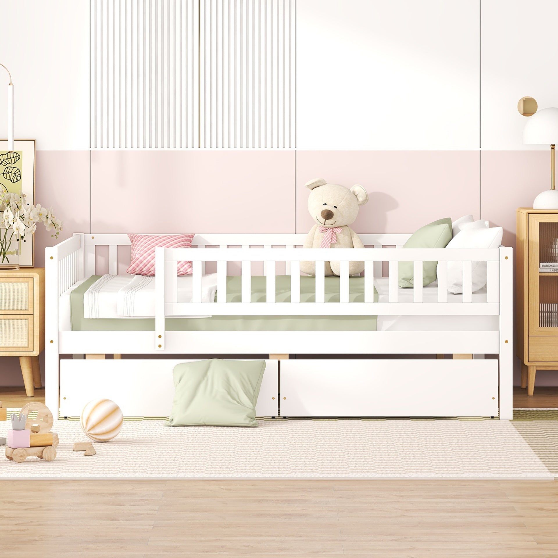 Full Size Daybed Wood Bed with Two Drawers , White