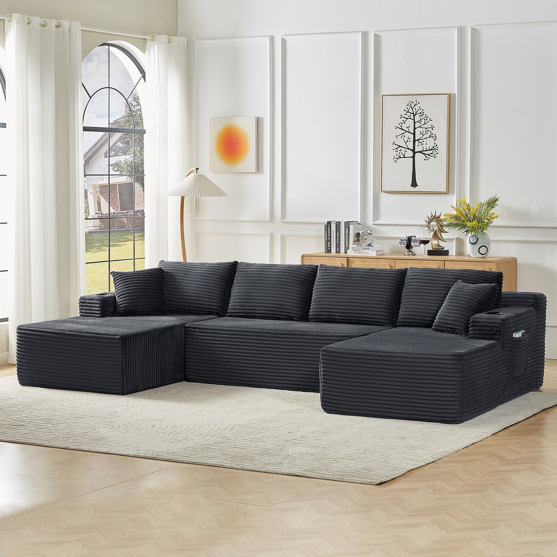 Compressible U-Shaped Sectional Sofa Set,Minimalist Style Modular Sectional Sofa, Corduroy Fabric Cloud Couch for Living Room