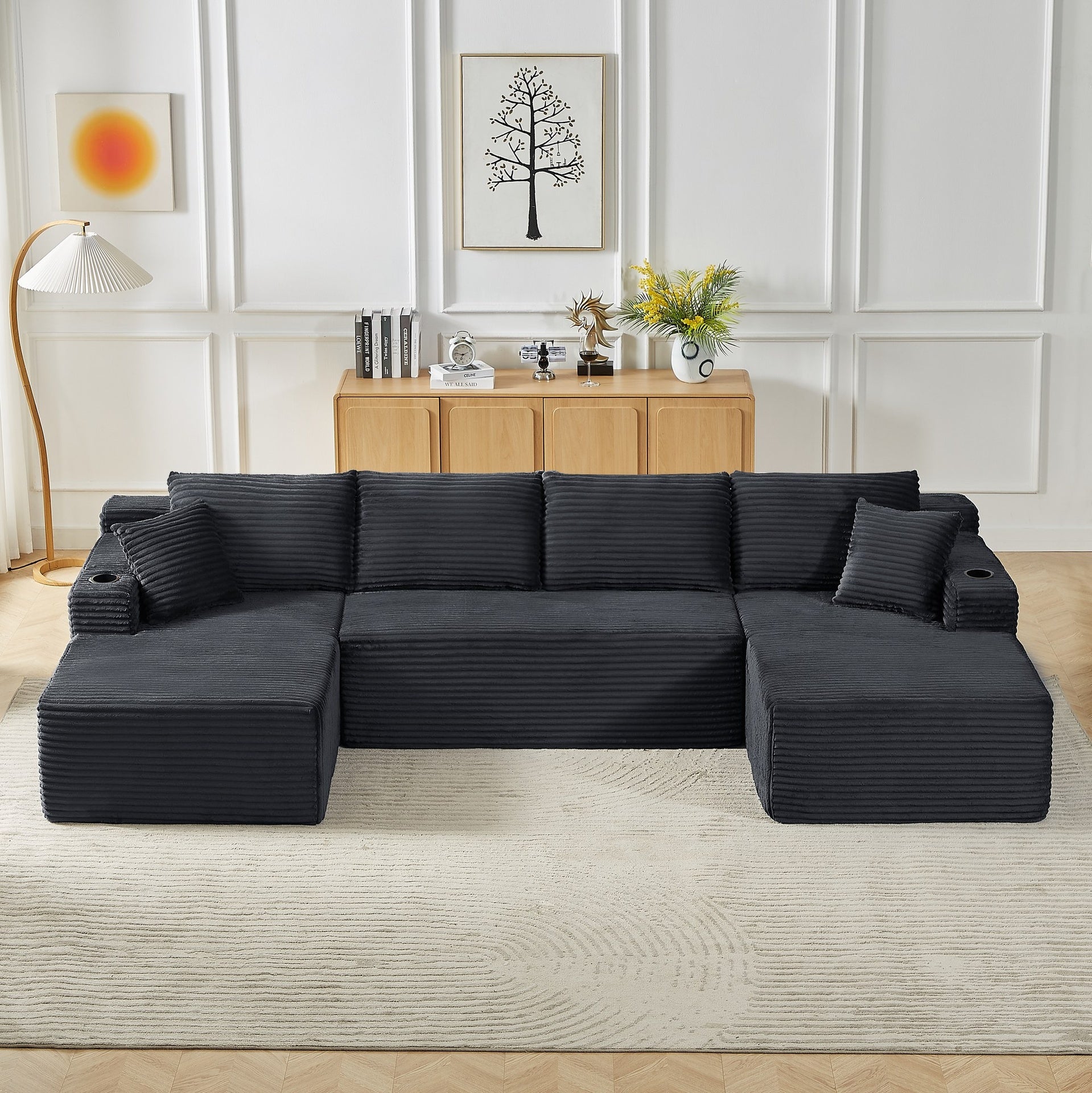 Compressible U-Shaped Sectional Sofa Set,Minimalist Style Modular Sectional Sofa, Corduroy Fabric Cloud Couch for Living Room