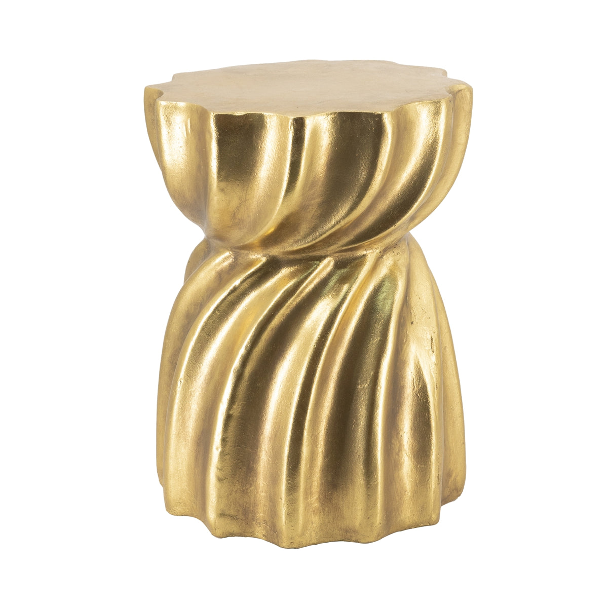 14x14x18.7" Gold Magnesium Accent Stool with Sculptural Swirl Design, Contemporary Side Table, Decorative Display Stand, or Extra Seating Option