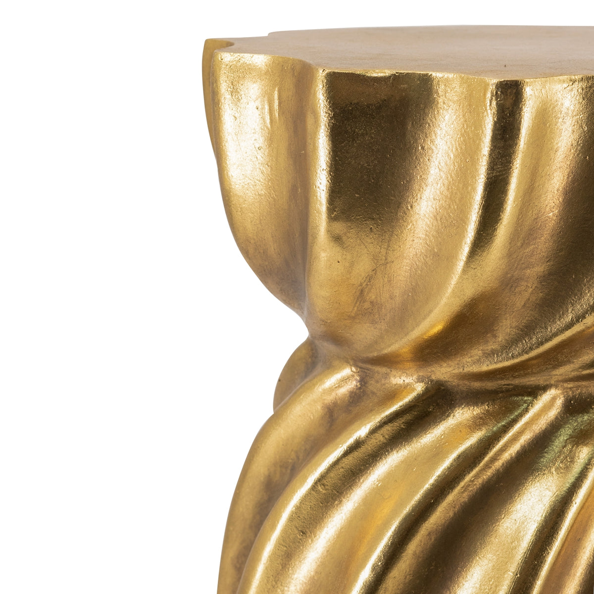 14x14x18.7" Gold Magnesium Accent Stool with Sculptural Swirl Design, Contemporary Side Table, Decorative Display Stand, or Extra Seating Option