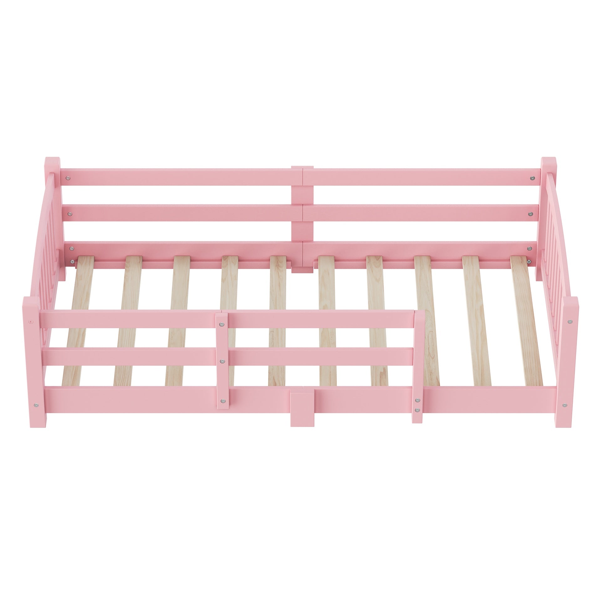 Twin Montessori Floor Bed with Slats and Safety Guardrails, Solid Wood Floor Bed with Fence and Without Door, Easy Assemble Montessori Bed for Girls and Boys, Pink