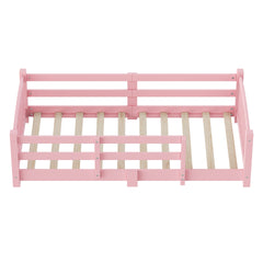 Twin Montessori Floor Bed with Slats and Safety Guardrails, Solid Wood Floor Bed with Fence and Without Door, Easy Assemble Montessori Bed for Girls and Boys, Pink