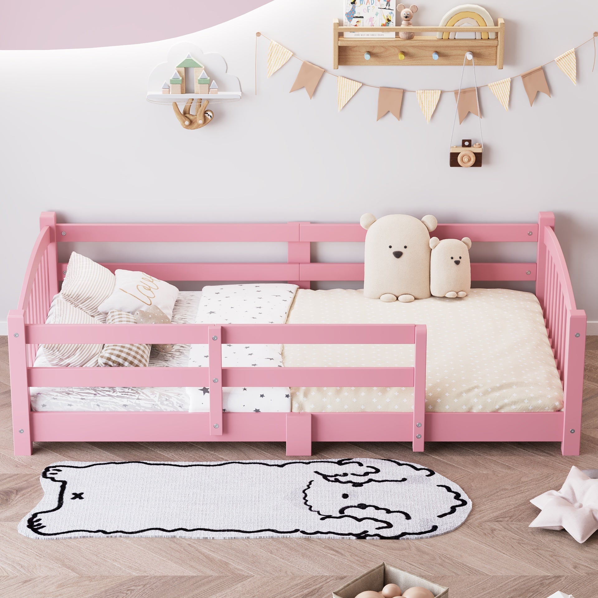 Twin Montessori Floor Bed with Slats and Safety Guardrails, Solid Wood Floor Bed with Fence and Without Door, Easy Assemble Montessori Bed for Girls and Boys, Pink