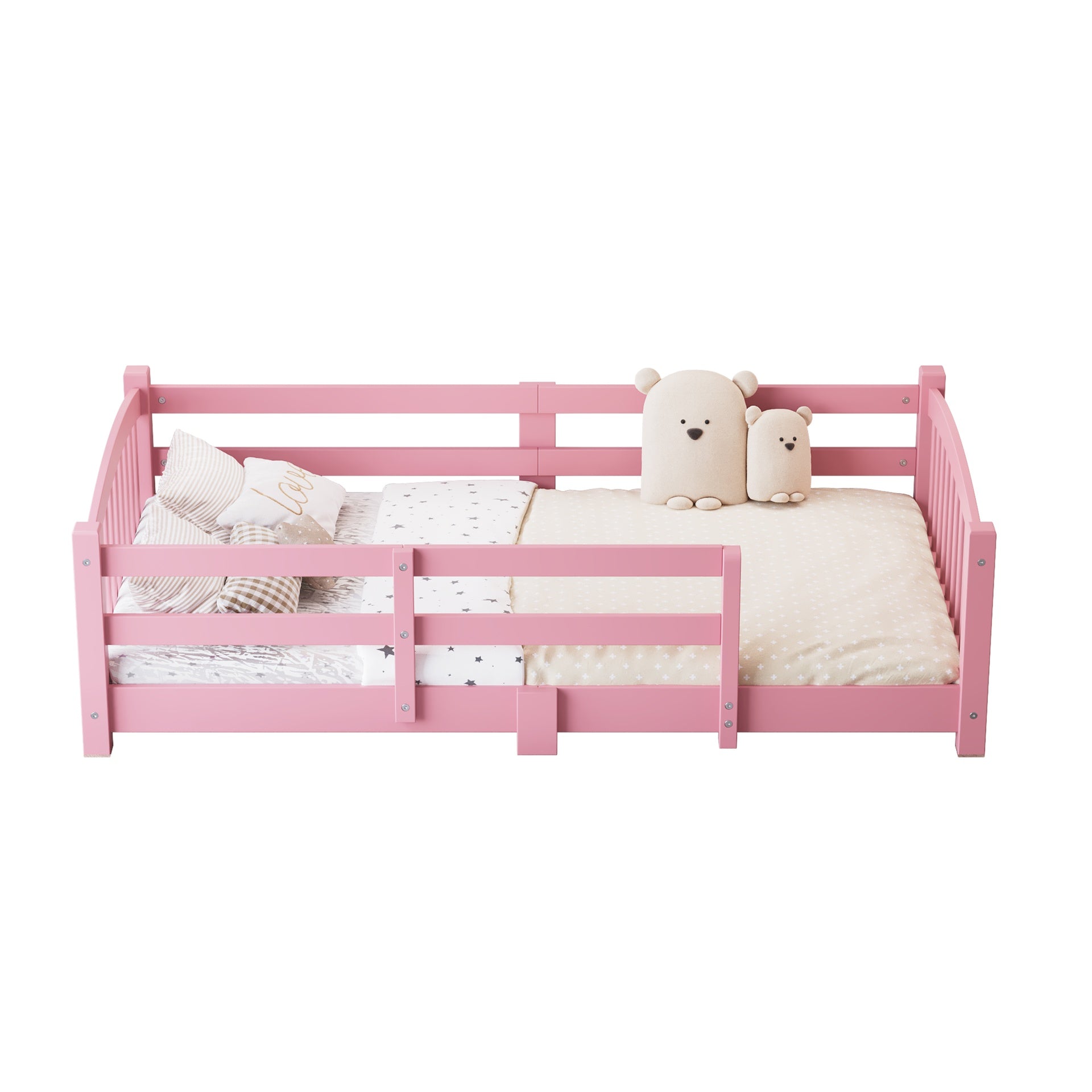 Twin Montessori Floor Bed with Slats and Safety Guardrails, Solid Wood Floor Bed with Fence and Without Door, Easy Assemble Montessori Bed for Girls and Boys, Pink