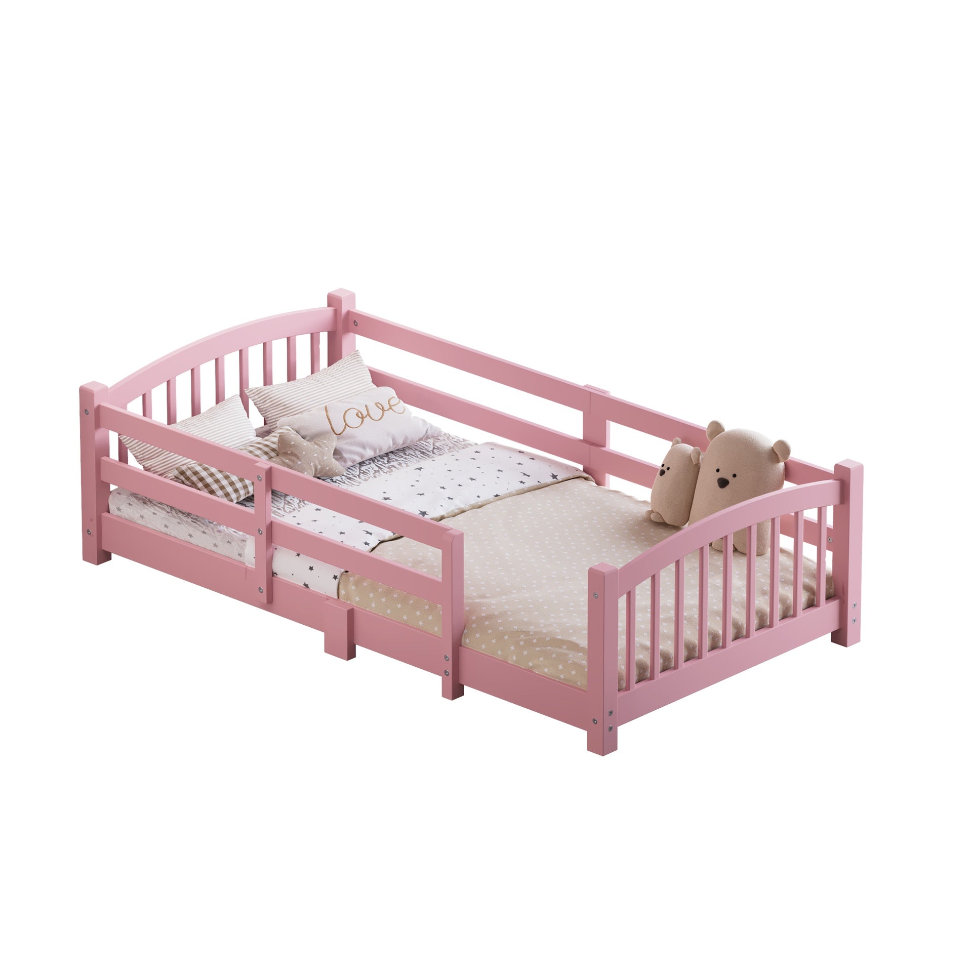 Twin Montessori Floor Bed with Slats and Safety Guardrails, Solid Wood Floor Bed with Fence and Without Door, Easy Assemble Montessori Bed for Girls and Boys, Pink