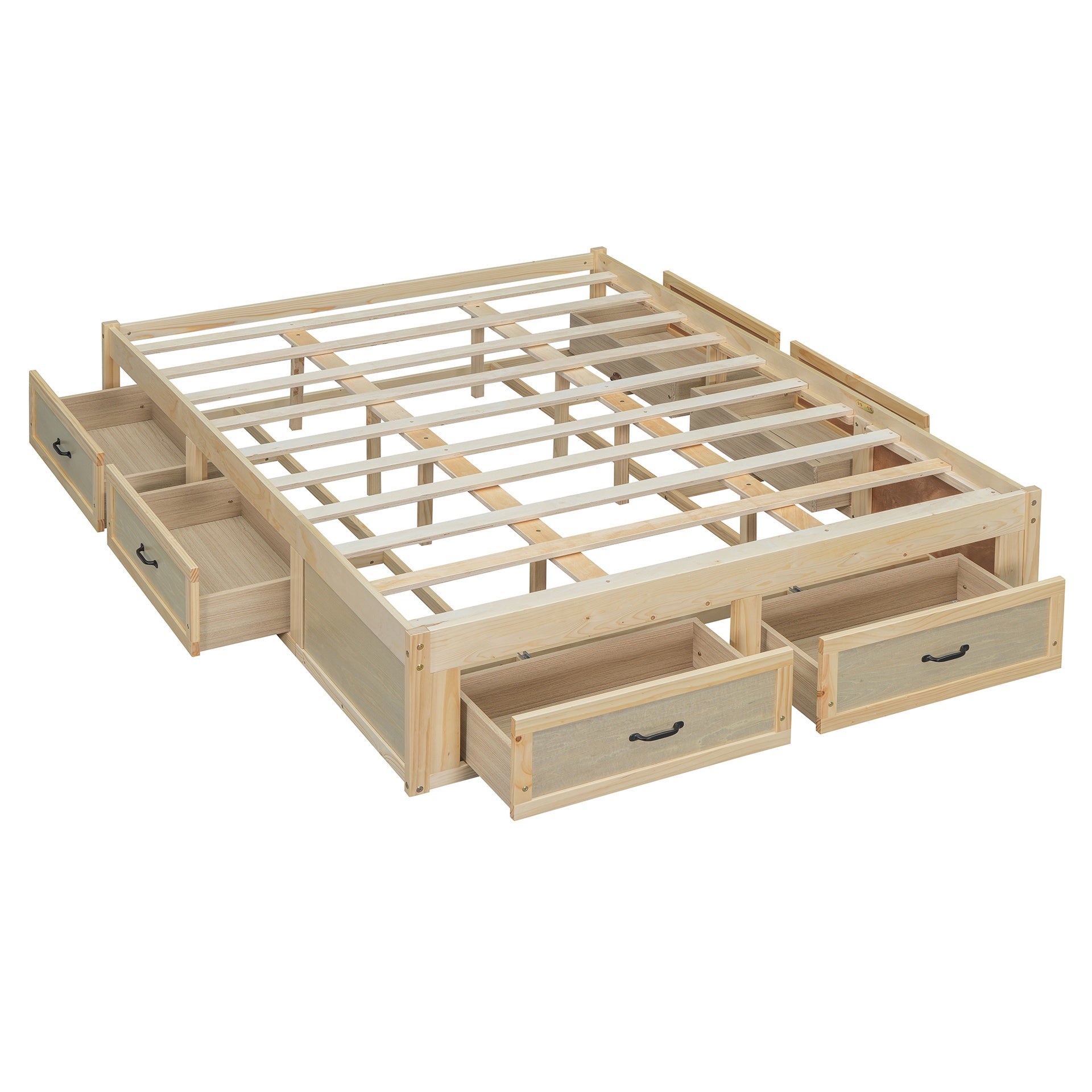 Queen Size Platform Bed with 6 Storage Drawers, Antique Natural