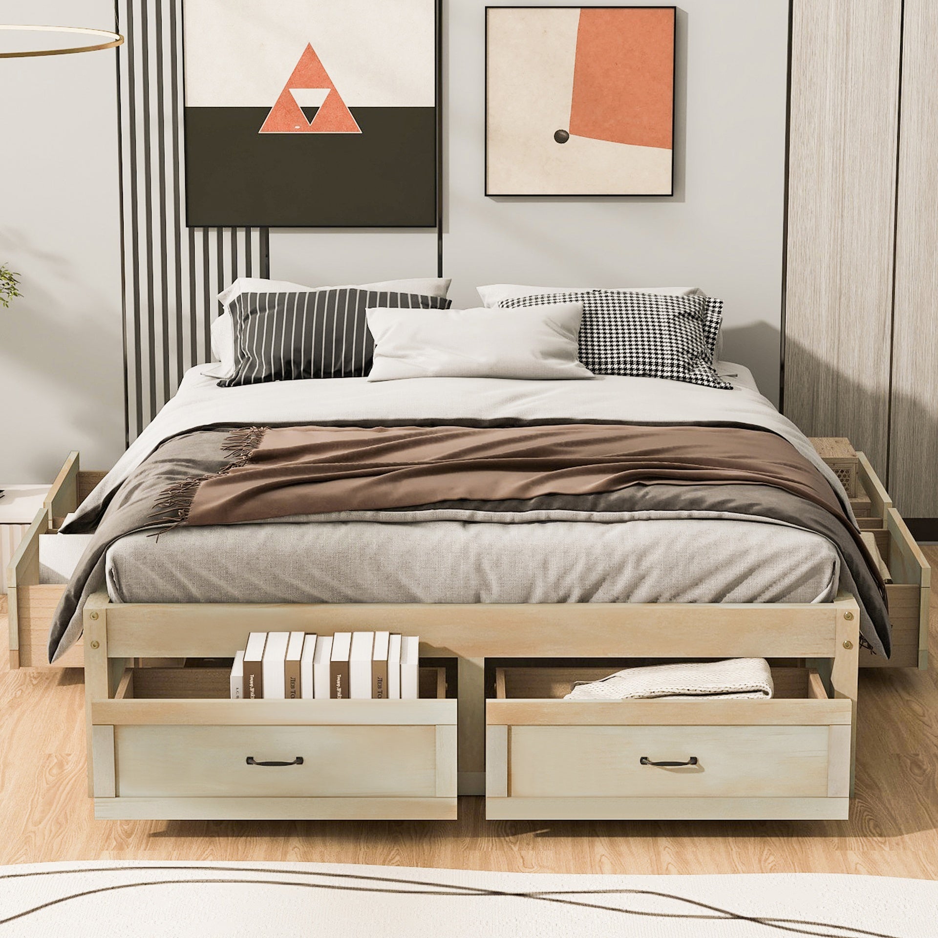 Queen Size Platform Bed with 6 Storage Drawers, Antique Natural
