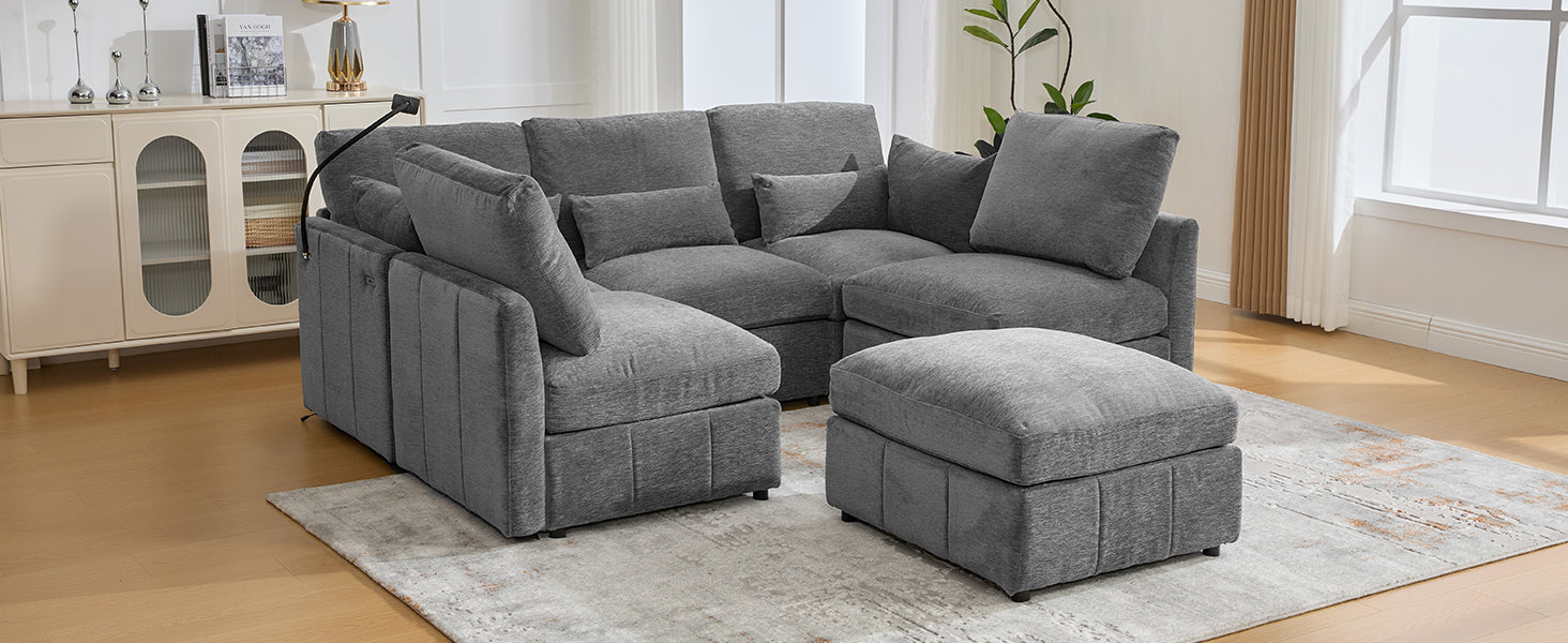 Modern Sectional Sofa Modular Sofa 85.4" U-shaped Sofa Couch Sofa Bed L-shaped Sofa with a Movable Ottoman and Two USB Ports and a Phone Holder for Living Room, Grey