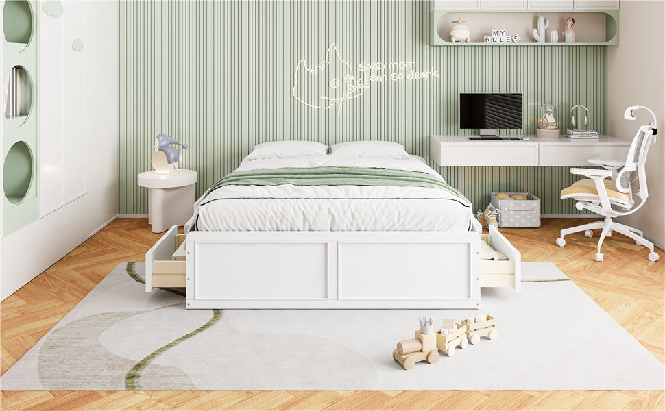 Wood Queen Size Platform Bed Frame with 6 Drawers, White