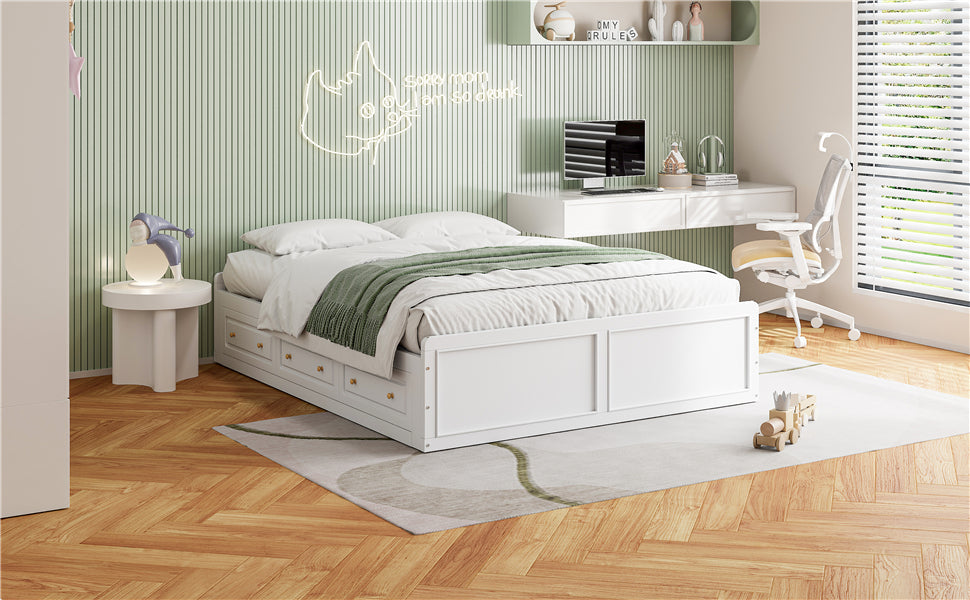 Wood Queen Size Platform Bed Frame with 6 Drawers, White