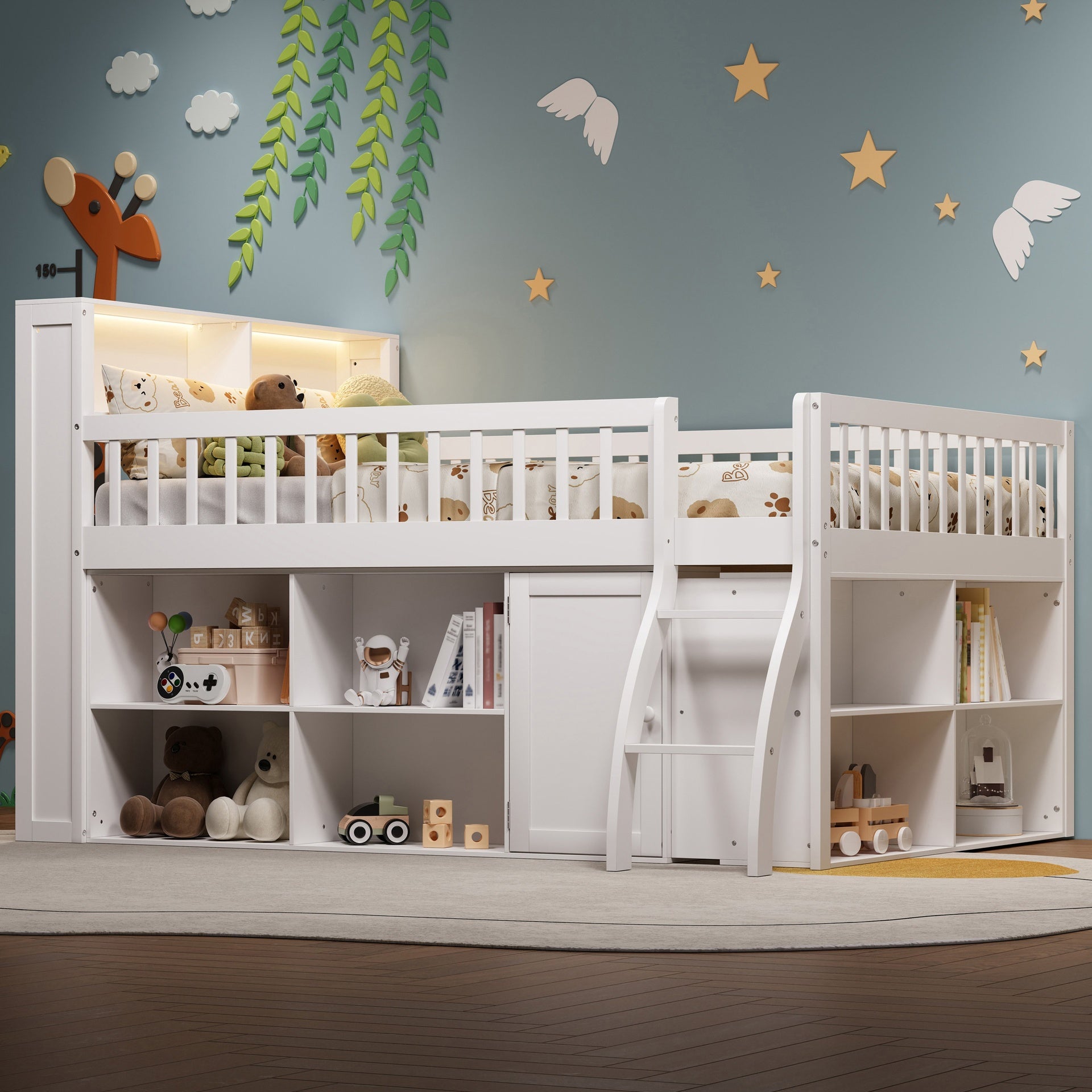 Full Size Loft Bed with Storage, Headboard with LED Light, White