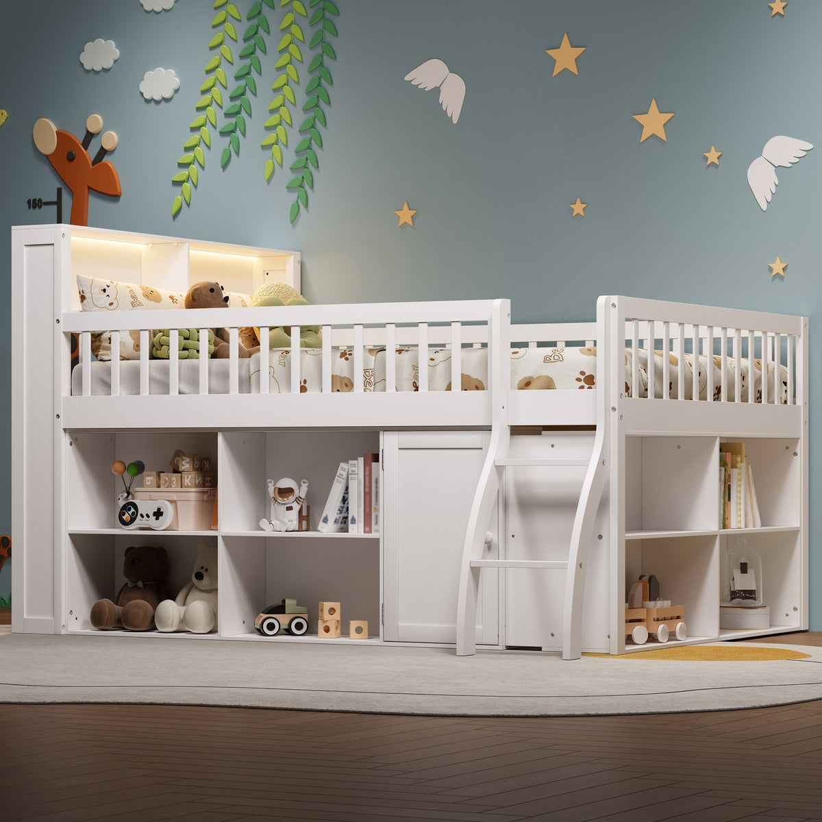 Full Size Loft Bed with Storage, Headboard with LED Light, White