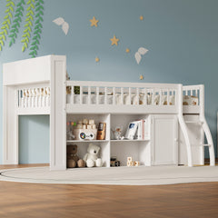 Full Size Loft Bed with Storage, Headboard with LED Light, White