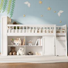 Full Size Loft Bed with Storage, Headboard with LED Light, White