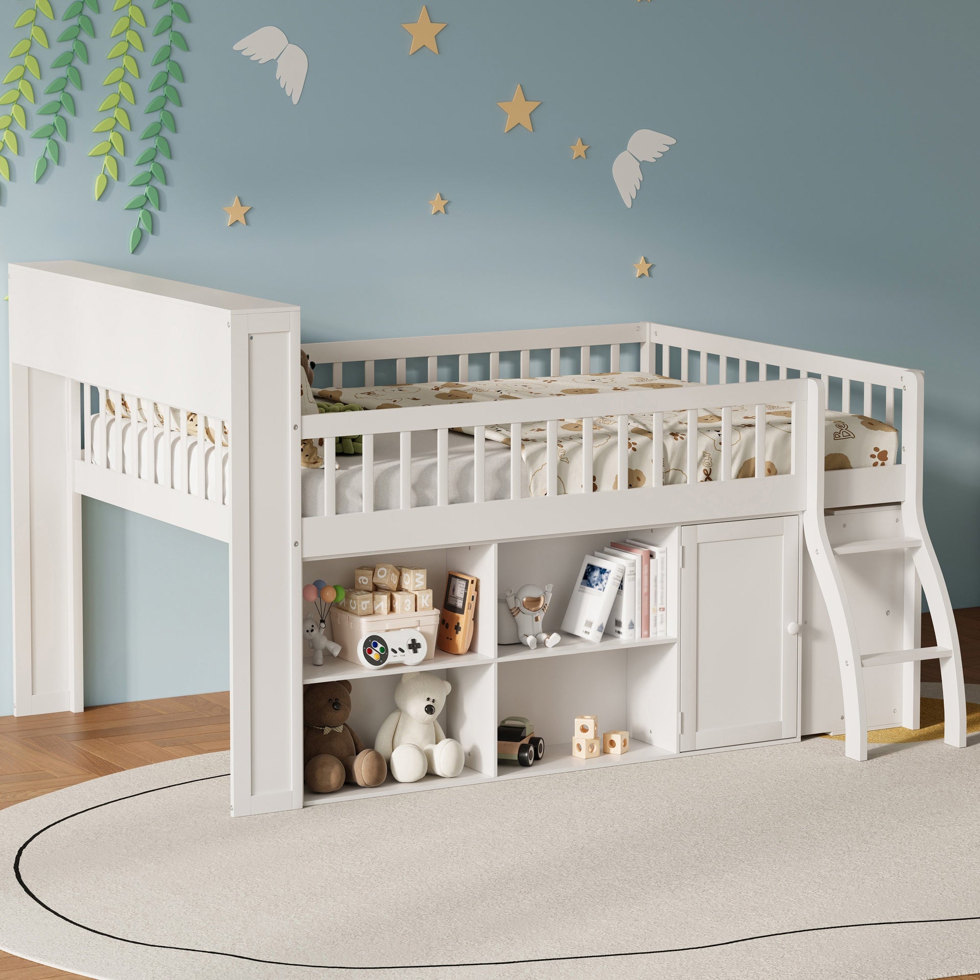 Full Size Loft Bed with Storage, Headboard with LED Light, White