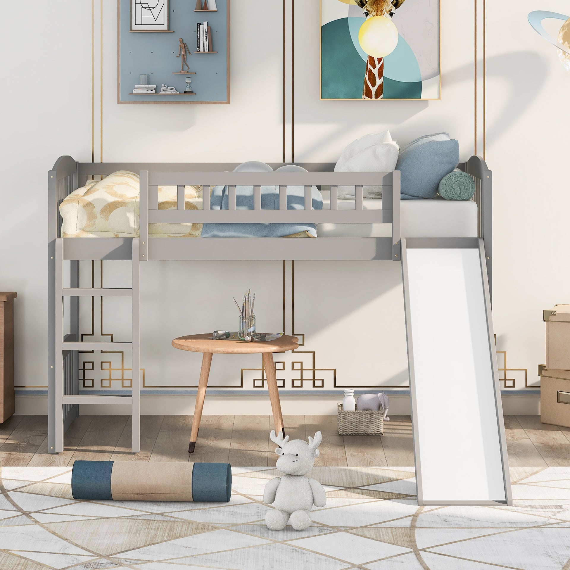 Twin size Loft Bed with Slide and Ladder, Gray(OLD SKU:LT000504AAE)
