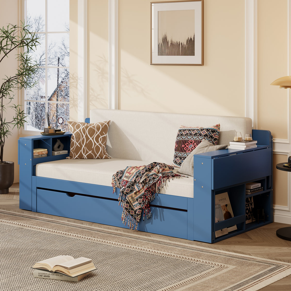 Queen Size Daybed with Removable Desk, Storage Drawers & Hydraulic Side Table, Blue