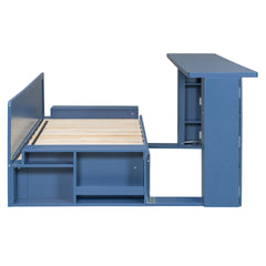 Queen Size Daybed with Removable Desk, Storage Drawers & Hydraulic Side Table, Blue