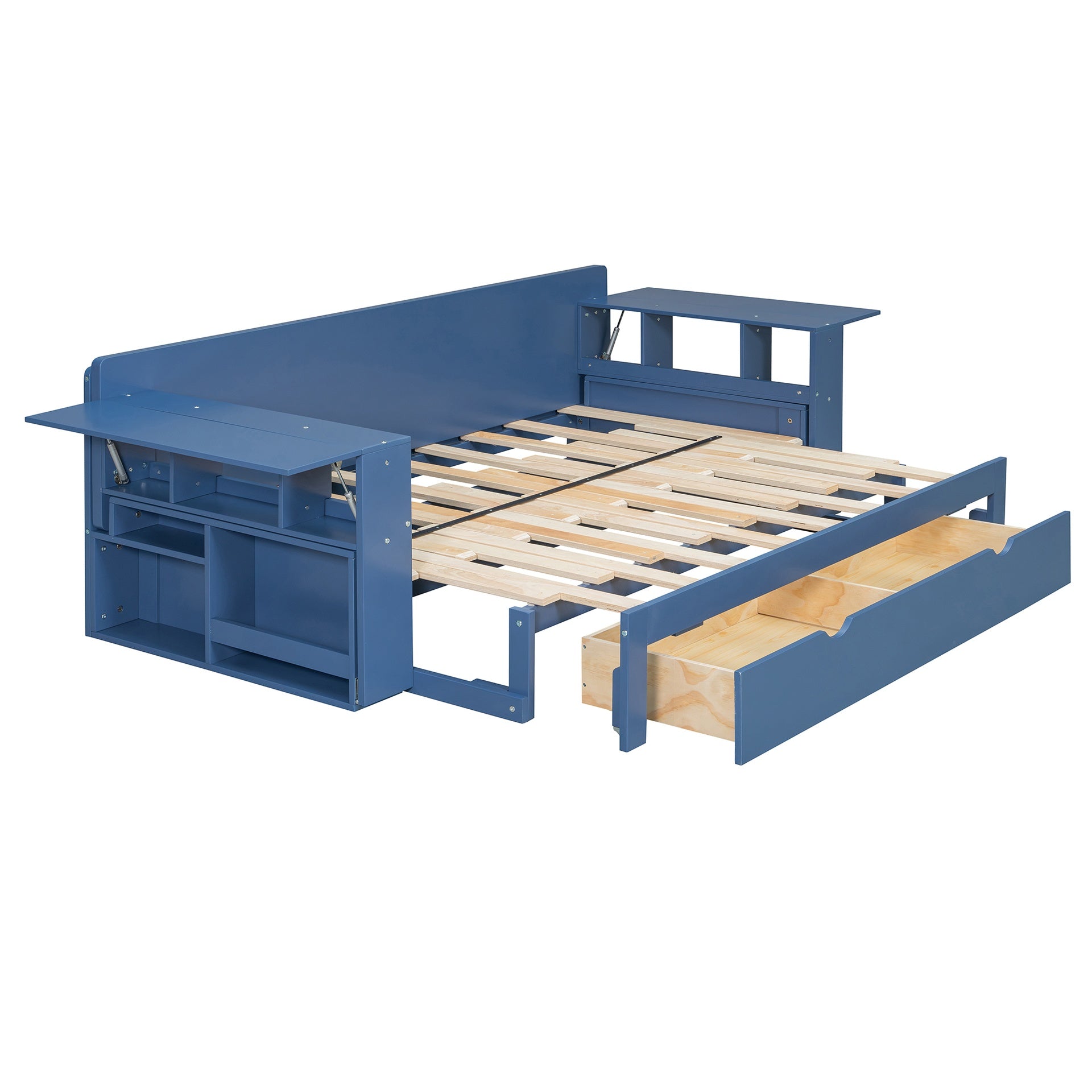 Queen Size Daybed with Removable Desk, Storage Drawers & Hydraulic Side Table, Blue