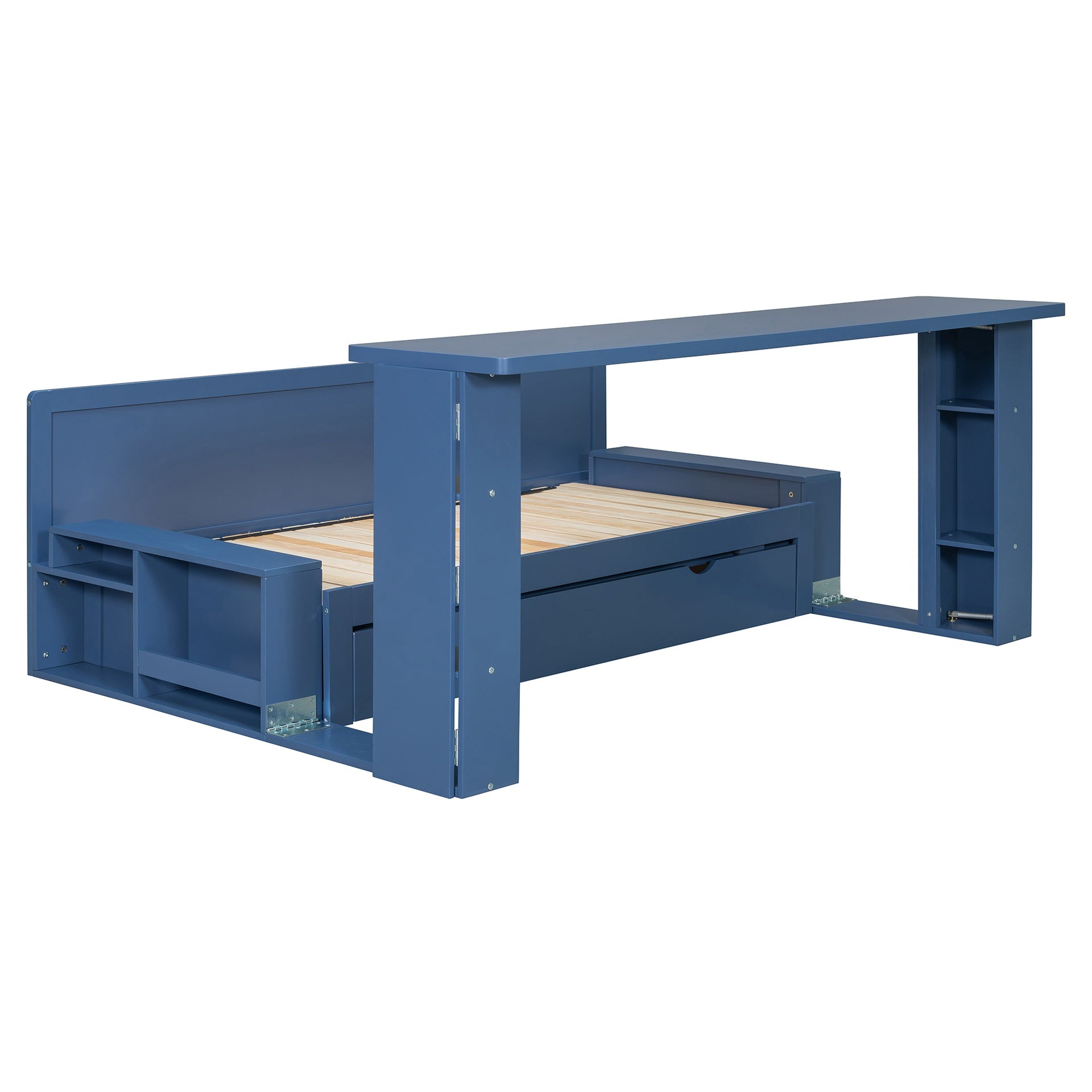 Queen Size Daybed with Removable Desk, Storage Drawers & Hydraulic Side Table, Blue