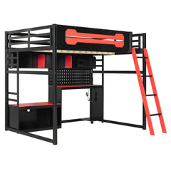 Full Size Wood Loft Bed with Desk, Shelves, LED Lights, USB Ports and Pegboard, Black+Red