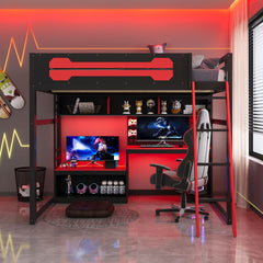 Full Size Wood Loft Bed with Desk, Shelves, LED Lights, USB Ports and Pegboard, Black+Red