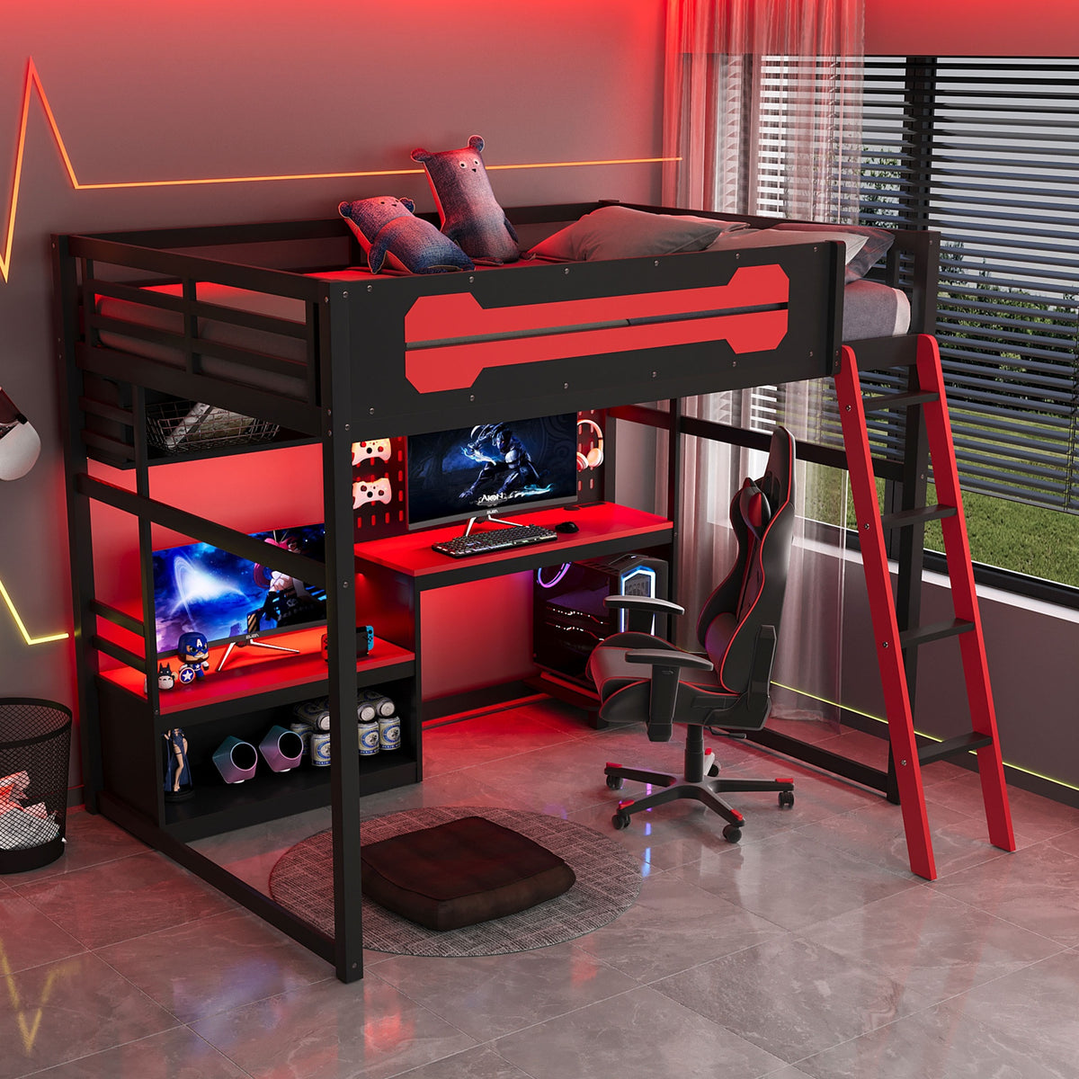 Full Size Wood Loft Bed with Desk, Shelves, LED Lights, USB Ports and Pegboard, Black+Red