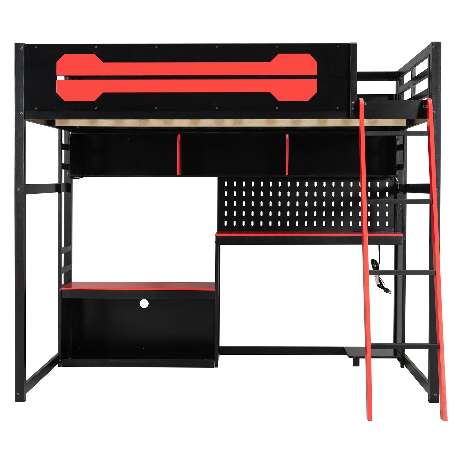 Full Size Wood Loft Bed with Desk, Shelves, LED Lights, USB Ports and Pegboard, Black+Red
