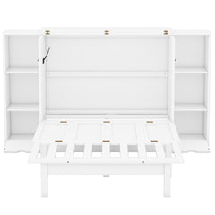 Queen Size Murphy Bed with Shelves, Drawers and USB Ports,White