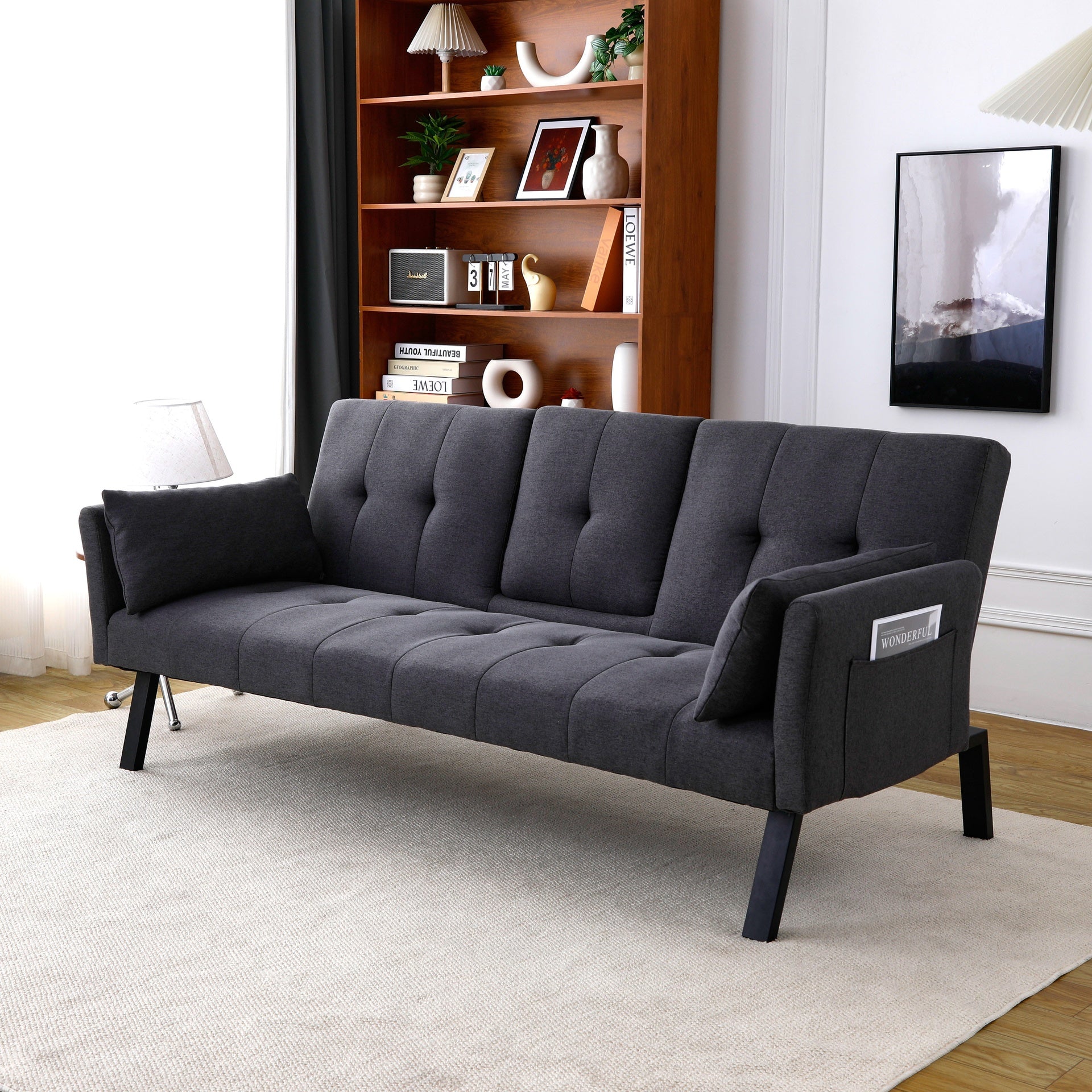 70-inch multi-functional cotton and linen sofa bed: foldable + cup holder + side storage, instantly switch between living room and bedroom